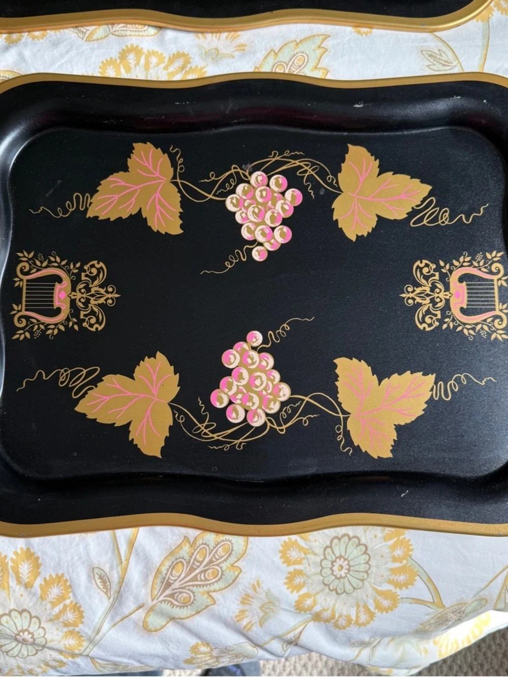 Vintage Trays set of 4 Large Black Floral Tole Metal Hand Painted Toleware Trays
